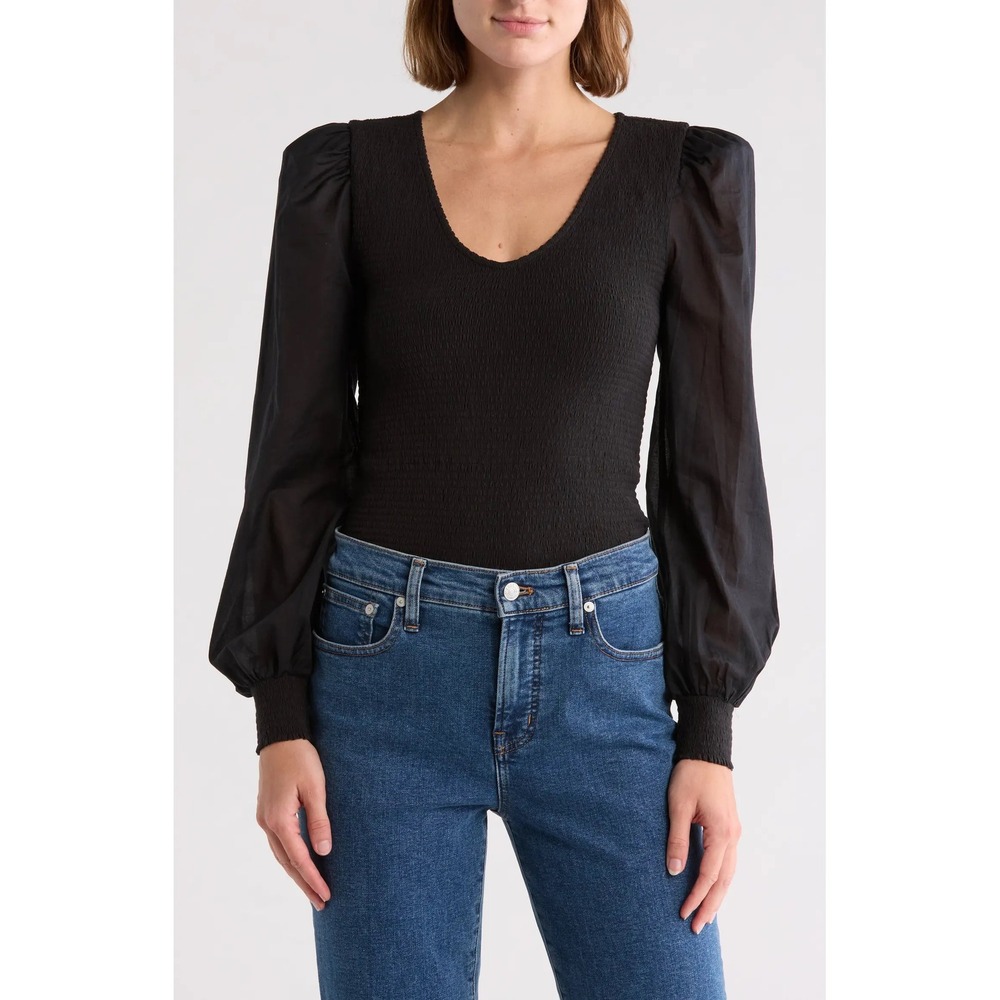 Nation LTD Womens Della Smocked Puff Sleeve V-Neck Pima Cotton Top Black Size S